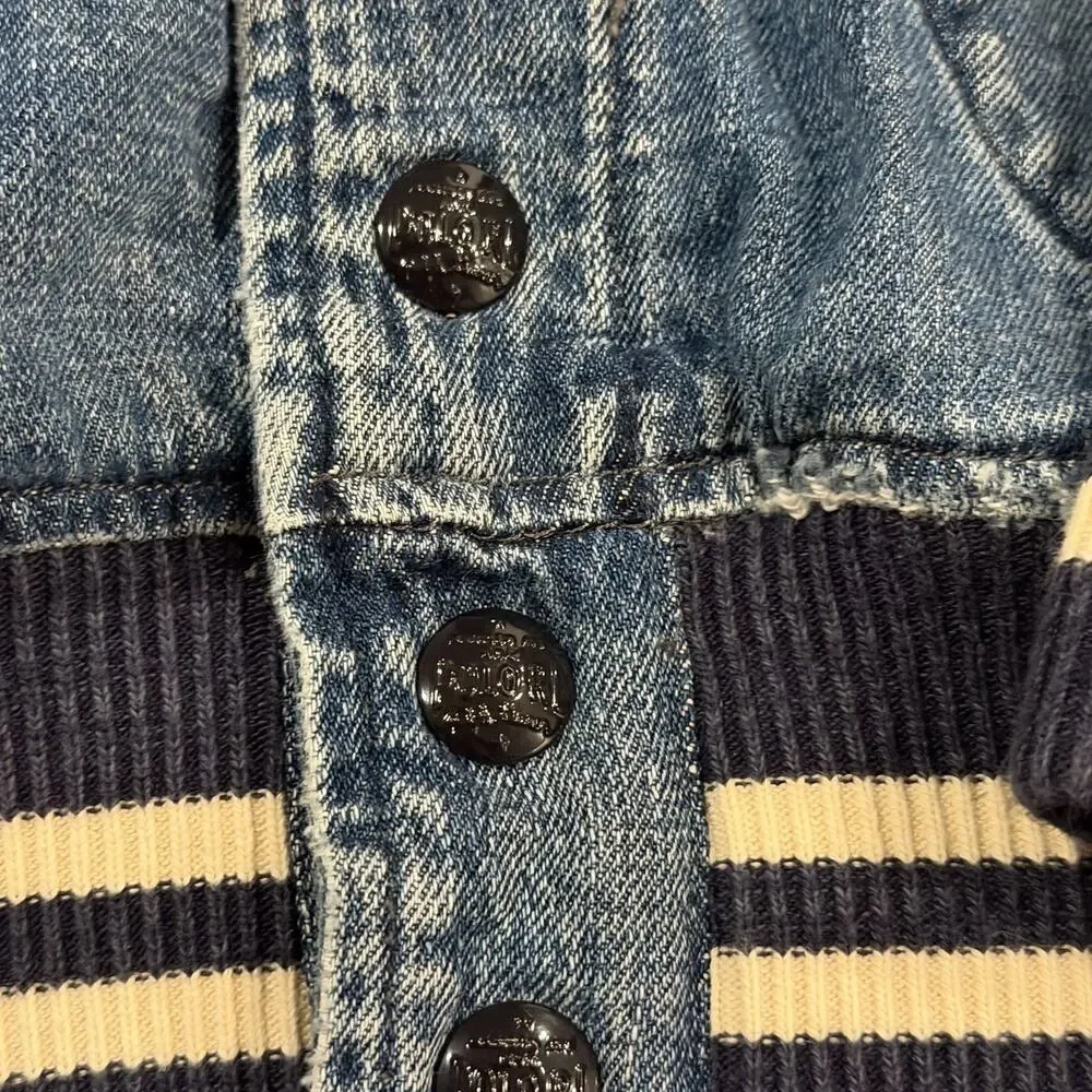 Polo Ralph Lauren Denim Varsity Jacket Mens small Logo Spellout Blue Cream Trim